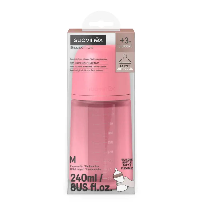 Suavinex Μπιμπερό από σιλικόνη 240 ml, μέτρια ροή (M), +3 μήνες, φούξια