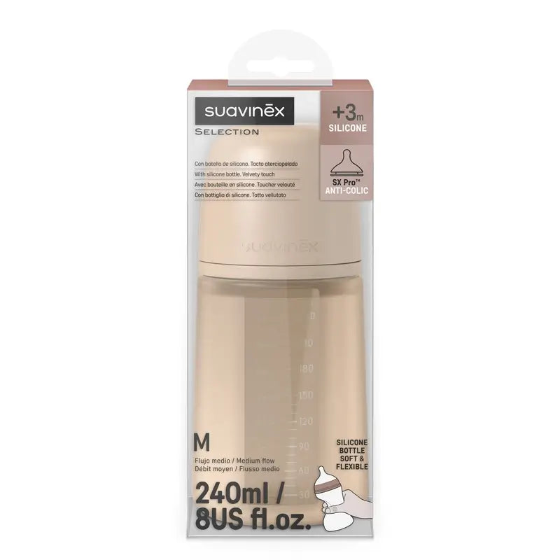 Suavinex Μπιμπερό από σιλικόνη 240 ml, μέτρια ροή (M), +3 μήνες, Irish Cream