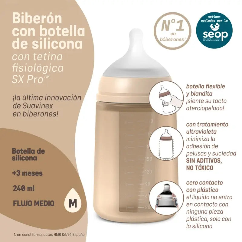 Suavinex Μπιμπερό από σιλικόνη 240 ml, μέτρια ροή (M), +3 μήνες, Irish Cream