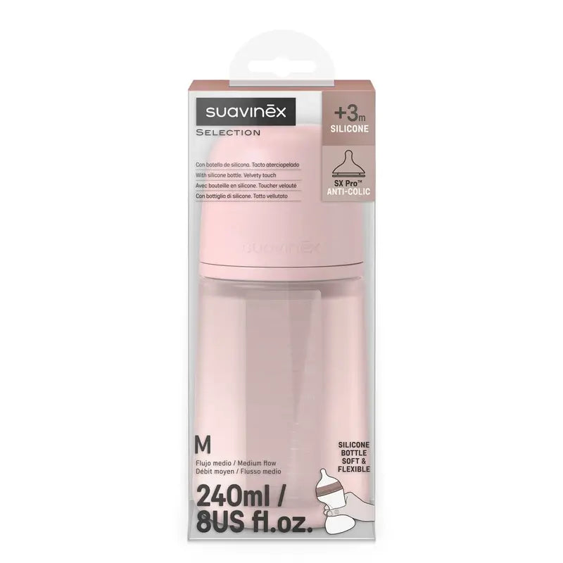 Suavinex Μπιμπερό από σιλικόνη 240 ml, μέτρια ροή (M), +3 μήνες, Rosewater