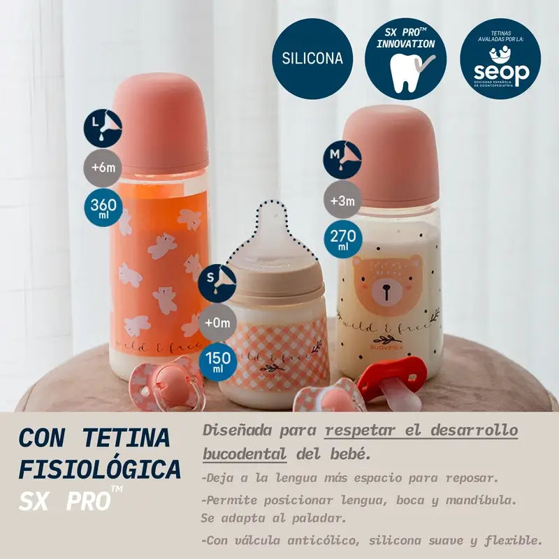 Suavinex Μπιμπερό με θηλή Sx Pro με πυκνή ροή (L) +6 μηνών Wild&Free Ροζ, 360 ml