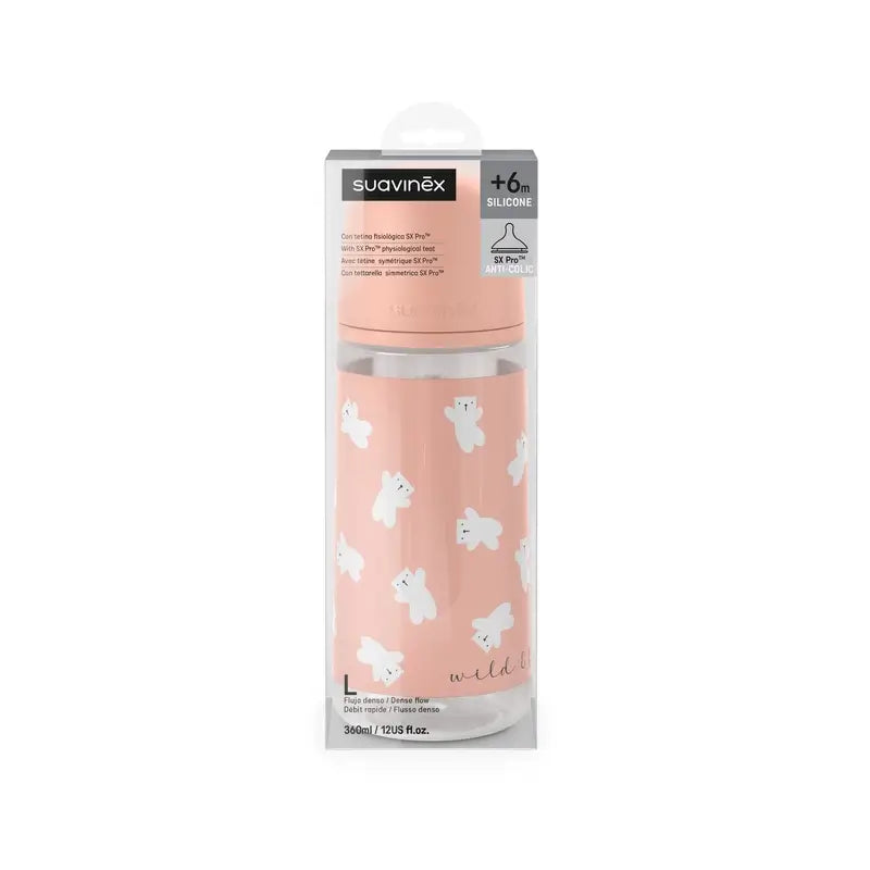 Suavinex Μπιμπερό με θηλή Sx Pro με πυκνή ροή (L) +6 μηνών Wild&Free Ροζ, 360 ml