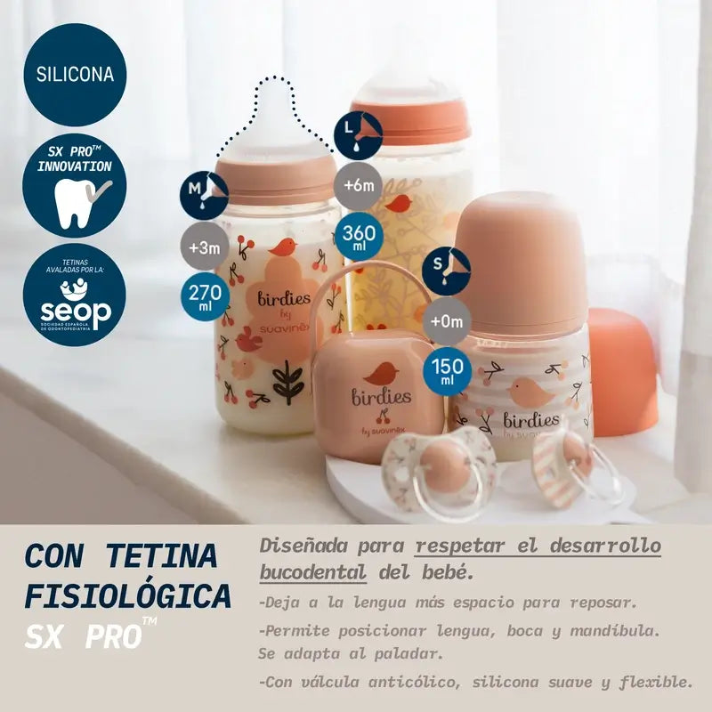 Suavinex Μπιμπερό με θηλή Sx Pro, πυκνή ροή (L) +6 μηνών, Birdies, ροζ, 360 ml