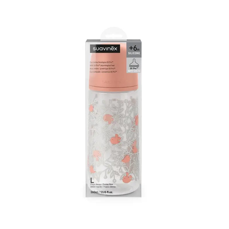 Suavinex Μπιμπερό με θηλή Sx Pro, πυκνή ροή (L) +6 μηνών, Birdies, ροζ, 360 ml