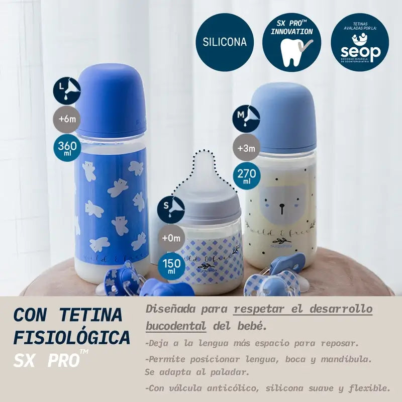 Suavinex Μπιμπερό με θηλή Sx Pro αργής ροής (S) +0 μηνών Wild&Free Μπλε, 150 ml