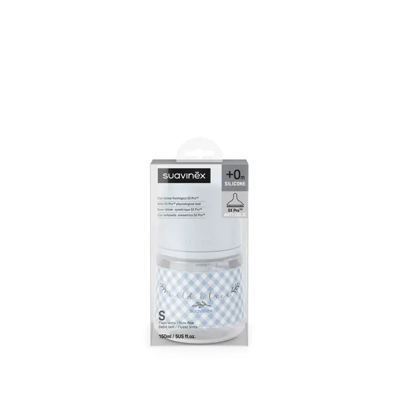 Suavinex Μπιμπερό με θηλή Sx Pro αργής ροής (S) +0 μηνών Wild&Free Μπλε, 150 ml