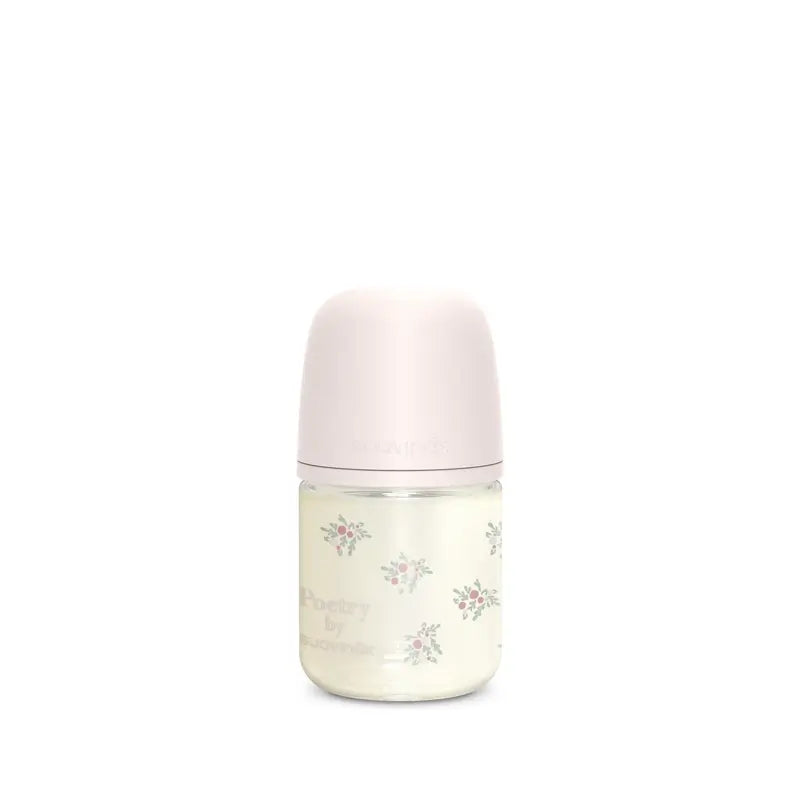 Suavinex Γυάλινο μπιμπερό 120 ml, αργή ροή (S), +0 μηνών, Poetry Ροζ