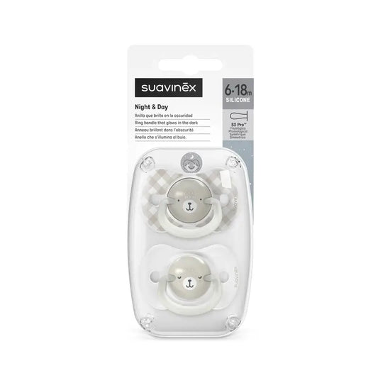 Suavinex Νυχτερινές πιπίλες Night & Day με θηλή Sx Pro 6/18 μηνών, γκρι, 2 τεμάχια