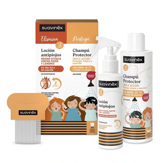 Suavinex Pack: Λοσιόν κατά των ψειρών 125 ml + Προστατευτικό σαμπουάν 250 ml + Χτένα για ψείρες, άνω των 2 ετών