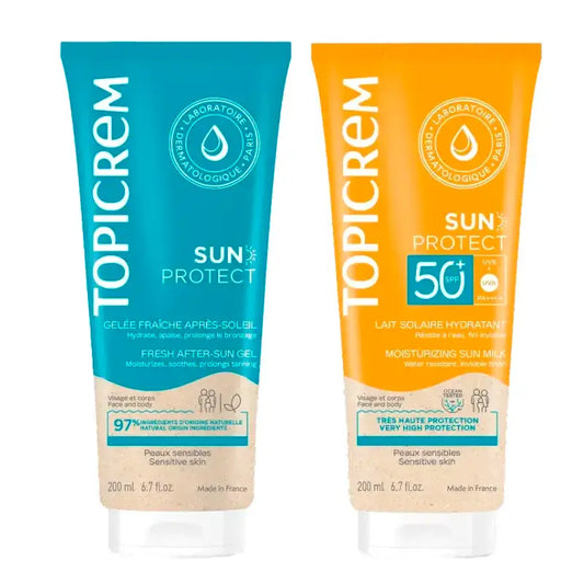 Topicrem Sun Protect SPF50+ Αντηλιακό Γαλάκτωμα + Ενυδατικό Προϊόν Μετά τον Ήλιο, Συσκευασία 200 ml