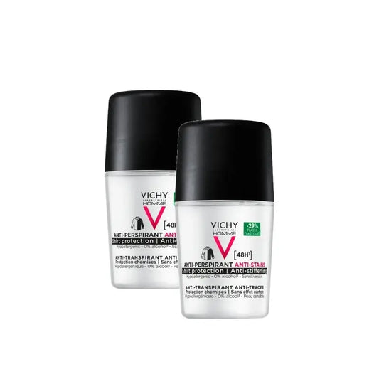 Vichy Homme Αποσμητικό 48 ωρών, αντιιδρωτικό και κατά των λεκέδων, Roll-On 50 ml, συσκευασία 2 τεμαχίων