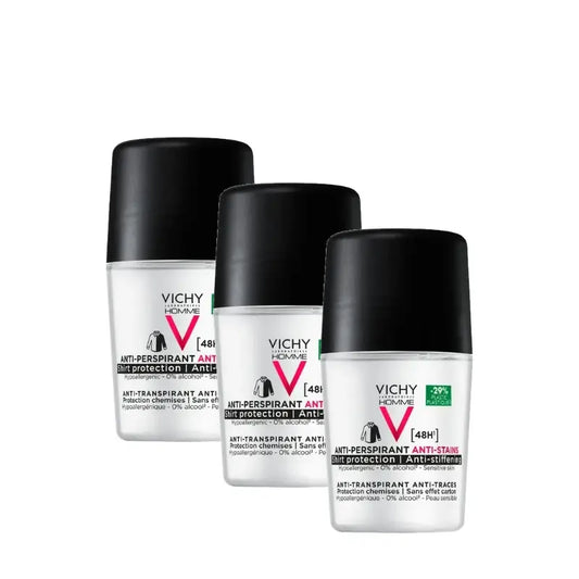 Vichy Homme Αποσμητικό 48 ωρών, αντιιδρωτικό και κατά των λεκέδων, Roll-On 50 ml, συσκευασία 3 τεμαχίων