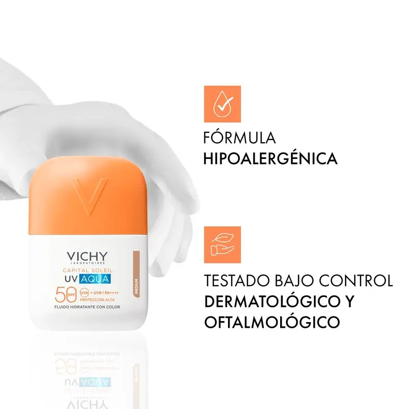 Vichy Solar UV Aqua Ενυδατικό Υγρό SPF 50, Μεσαία Απόχρωση, 50 ml