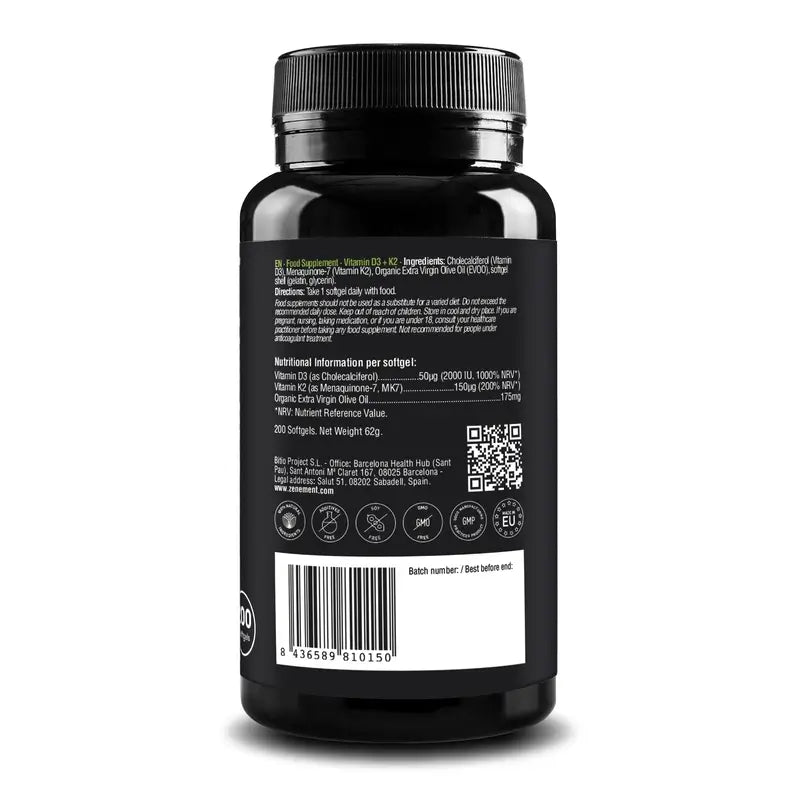 Zenement Βιταμίνη D3 + K2, 2000 IU και 150 µg MK-7, 200 μαλακές κάψουλες